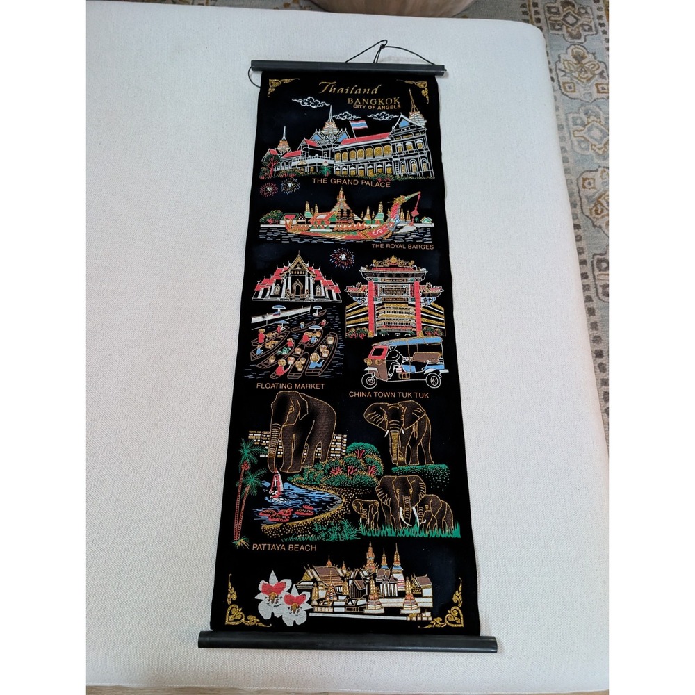 Thailand Bangkok Souvenir Wall Hanging Grand Palace Elephants Tuk Tuk 31"